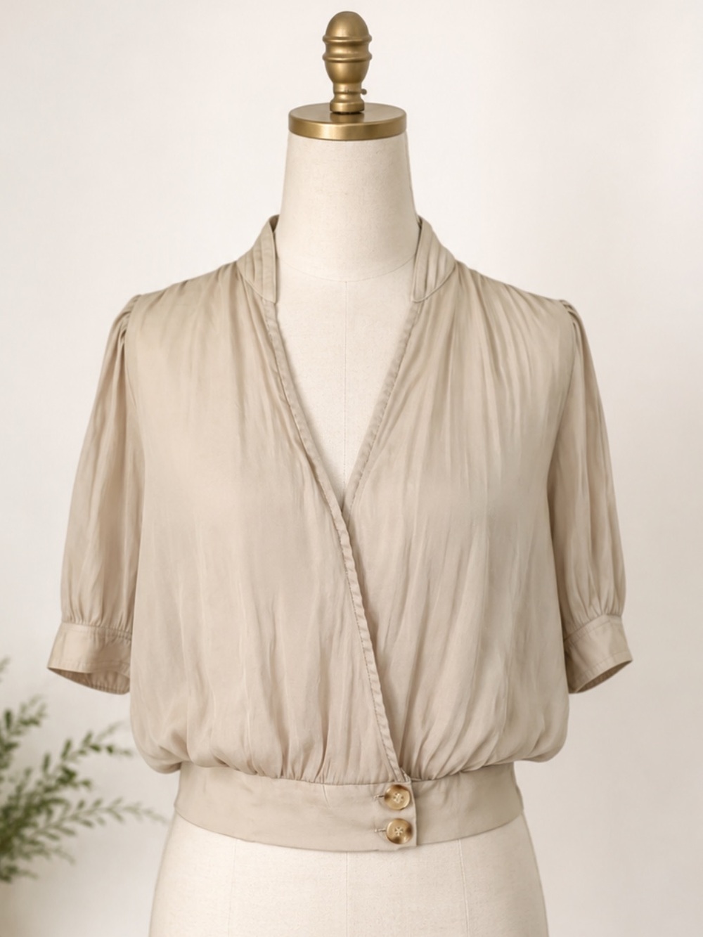 Champagne Romantic Blouse | Old Money Quiet Luxury Silky Draped Top Size M